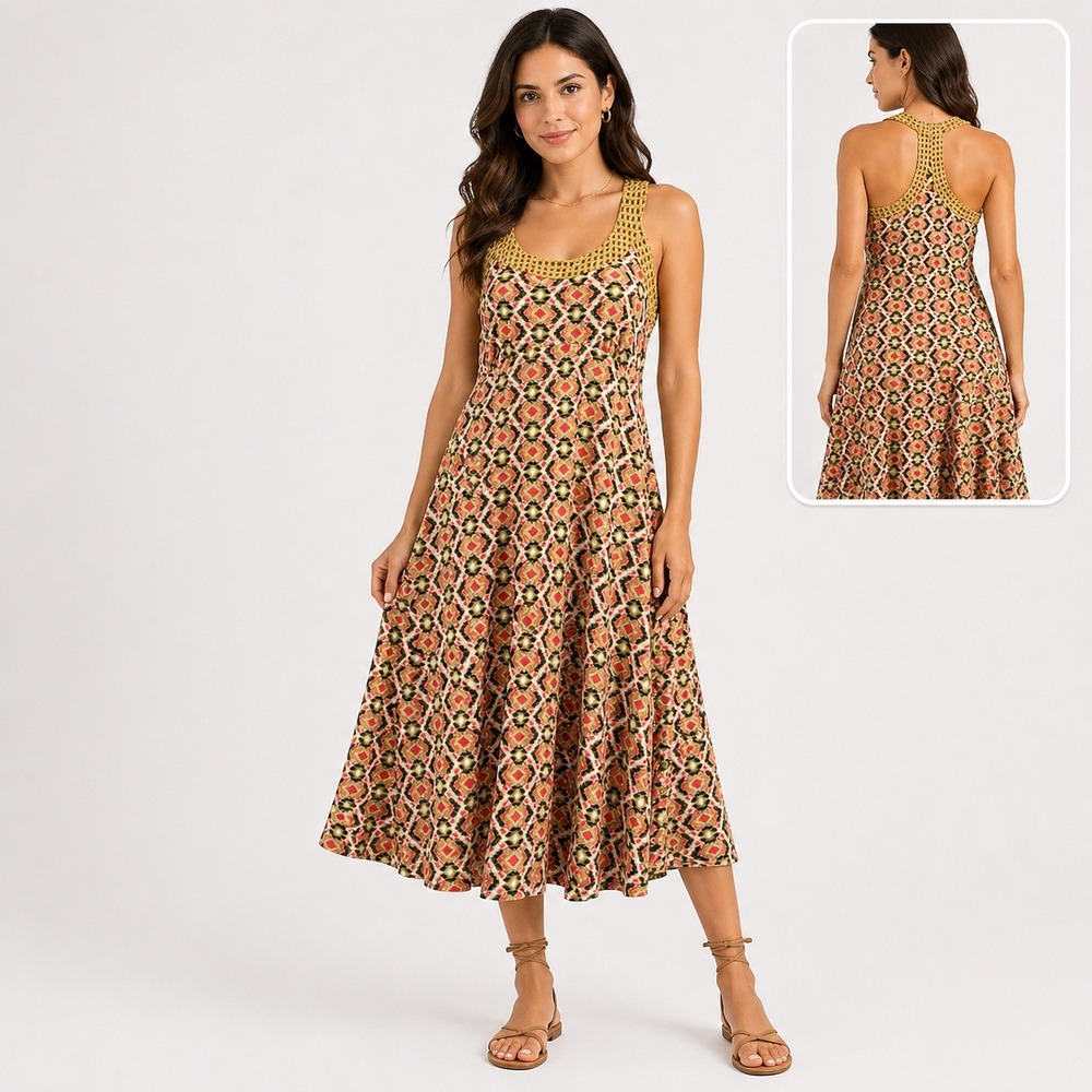 Prana Geometric Print Midi Dress Womens M Coral Olive Racerback Boho